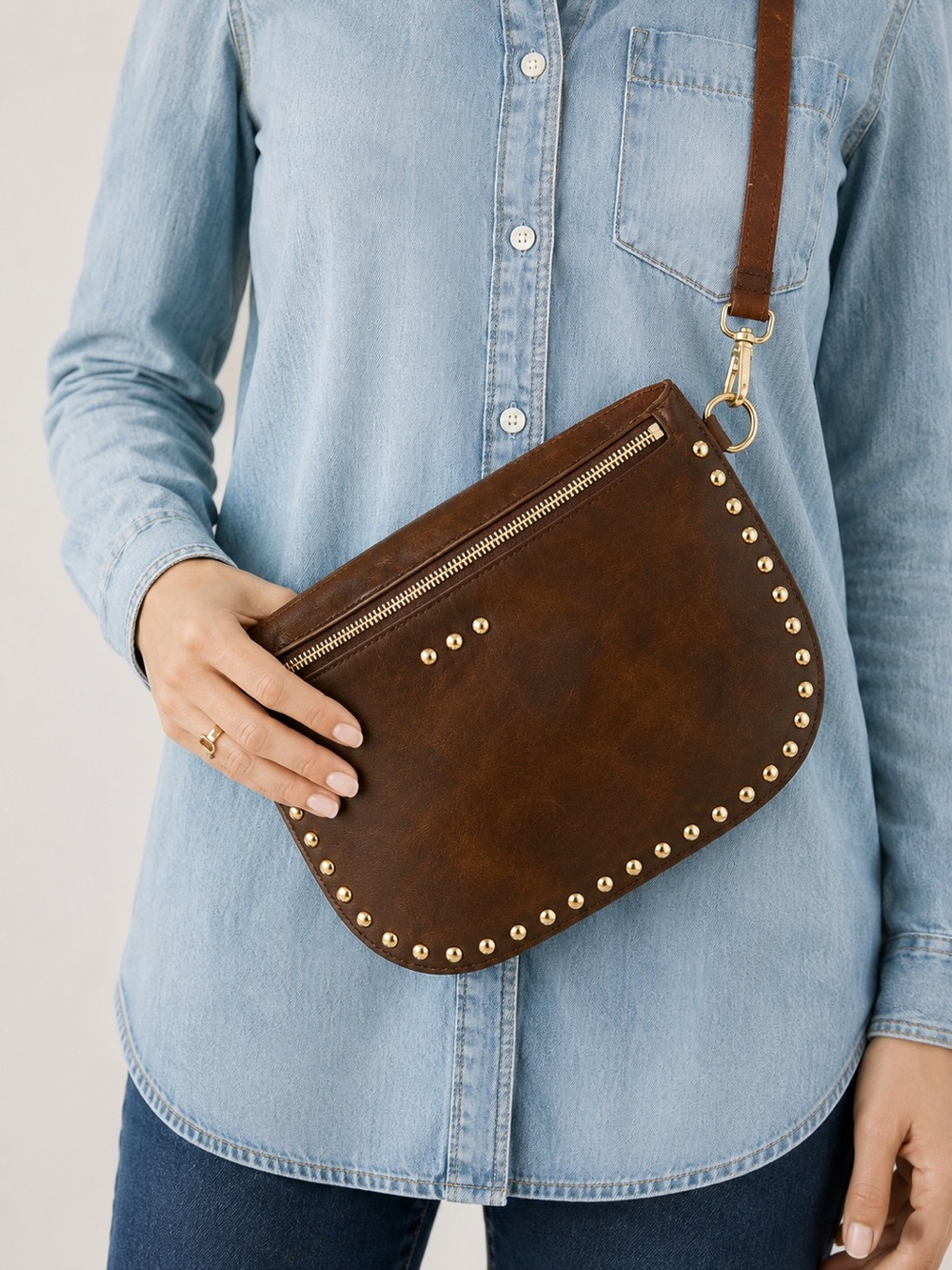 Studded Suede Crossbody Bag-Brown